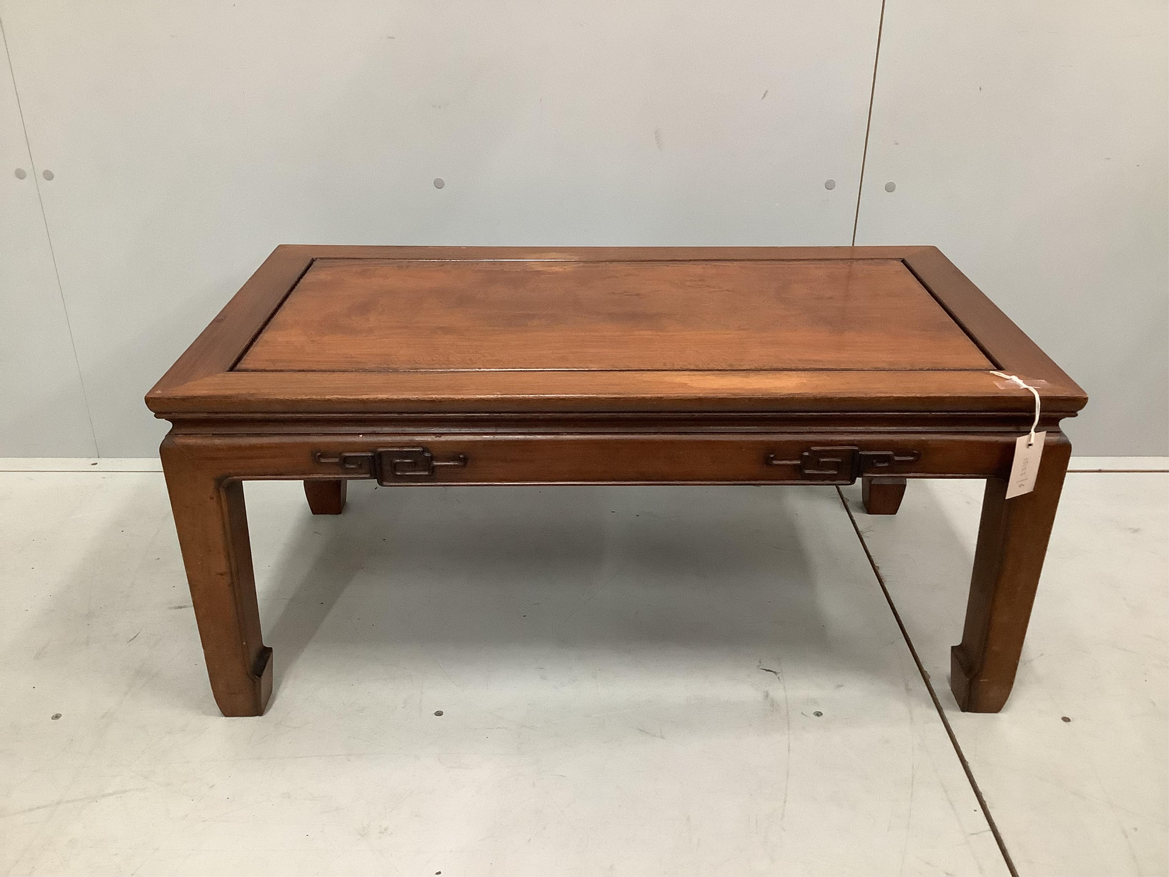 A Chinese rectangular hardwood coffee table, width 91cm, depth 50cm, height 41cm. Condition - fair